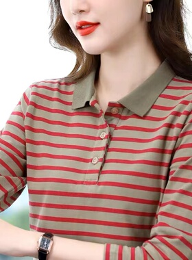 t恤女条纹长袖翻领中年妈妈洋气小衫女士打底衫外穿polo领上衣女