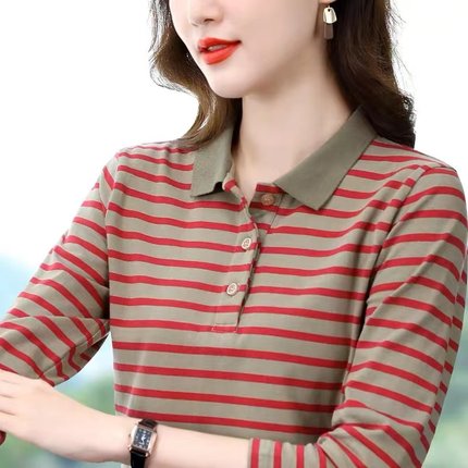 t恤女条纹长袖翻领中年妈妈洋气小衫女士打底衫外穿polo领上衣女