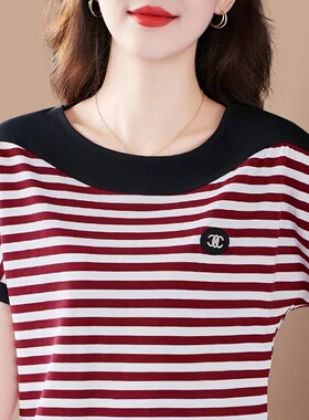 短袖t恤女夏季洋气休闲上衣中年妈妈新款大码宽松条纹显瘦体恤衫