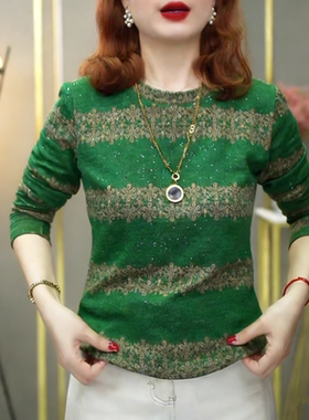 设计感花色印花打底t恤女春秋新款遮肉百搭时尚减龄套头保暖内搭