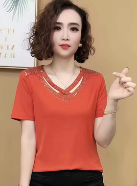 气质短袖t恤女士夏季新款时尚妈妈V领打底小衫简约修身显瘦上衣女