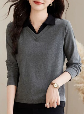 假两件polo领长袖t恤女春秋新款秋季爆款显瘦减龄上衣内搭打底衫