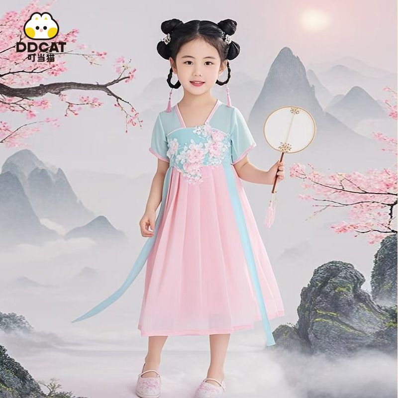 叮当猫夏季新款女童汉服连衣裙学生薄款古风礼服裙中国风仙女裙