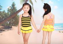 新款女孩小中童连体卡通小蜜蜂黄色条纹可爱宝宝挂脖保守温泉泳装