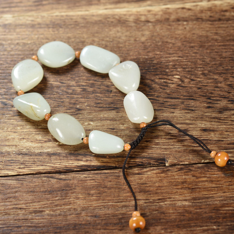 好友 孤品新疆和田玉白玉籽料原石手链 男女款单圈手串 42克