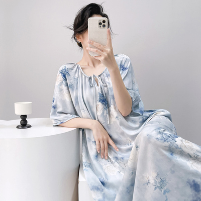 国风棉绸睡裙女款夏季2026新款绵绸年轻人造棉女士连衣裙睡衣孕妇