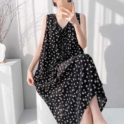 无袖背心棉绸睡裙女款夏季带胸垫人造棉妈妈连衣裙睡衣女2026新款