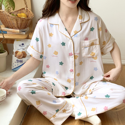 短袖长裤棉绸睡衣女款开衫套装