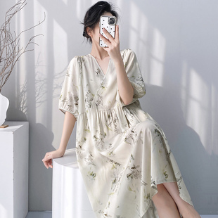 国风棉绸睡裙女款夏季大码胖mm人造棉连衣裙睡衣女士2026新款夏天