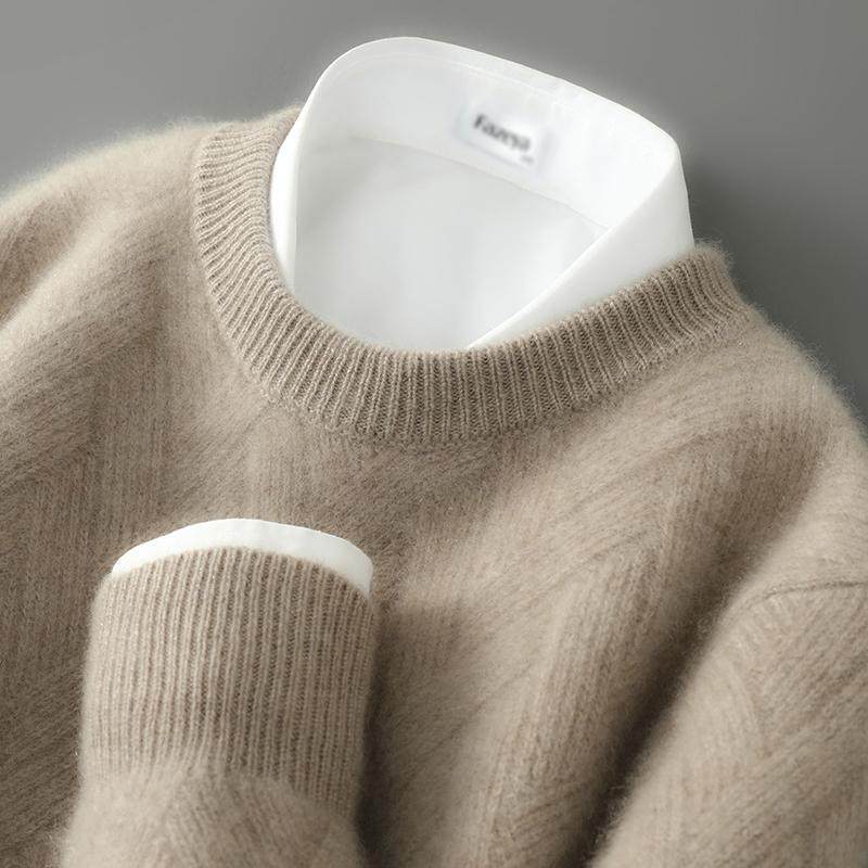 羊毛衫男士圆领宽松毛衣提花加厚保暖针织打底衫纯色休闲商务男装