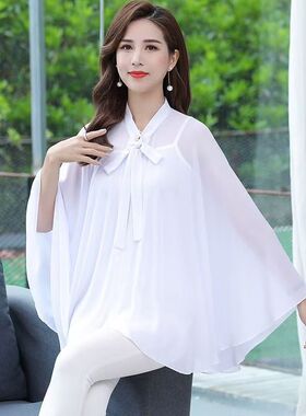 雪纺披风斗篷女夏外搭披肩宽松防晒开衫妈妈薄款外套遮阳罩衫上衣