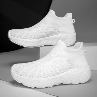 老北京布鞋 休闲男鞋 网面鞋 男一脚蹬38码 透气懒人鞋 白色轻便袜子鞋