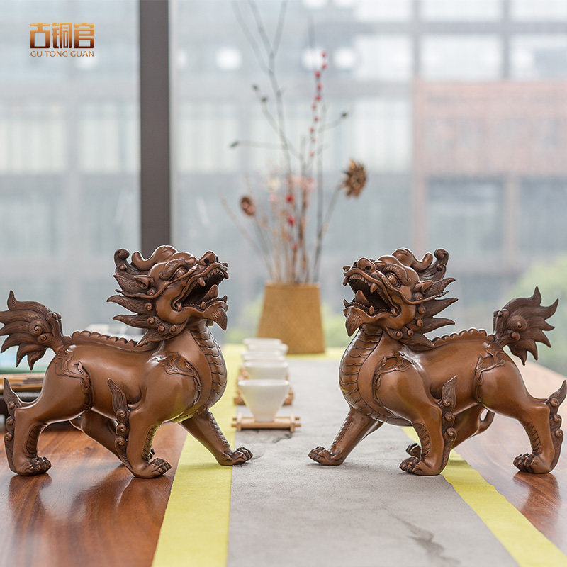 紫铜麒麟摆件一对办公室客厅貔貅工艺品家居饰品摆设店铺开业礼品