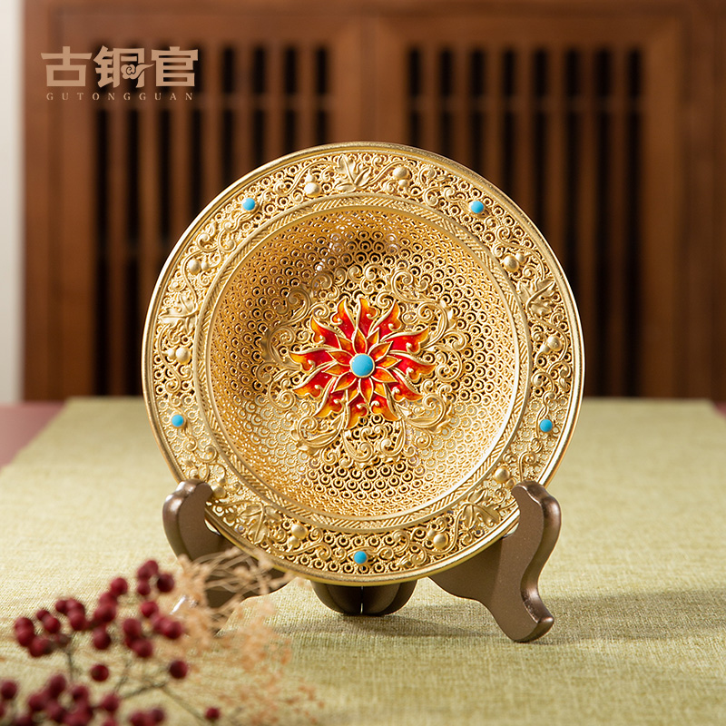 宝相花盘摆件铜工艺品花丝镂空艺术品客厅玄关家居装饰品高档礼品
