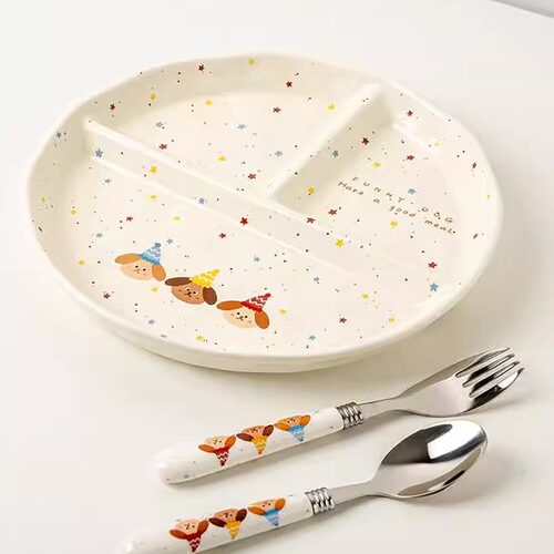ins儿童分格餐盘陶瓷家用宝宝早餐盘子一人食餐具减脂分隔盘大人