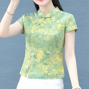 新中国风时尚村衫女新款洋气立领盘扣短袖上衣
