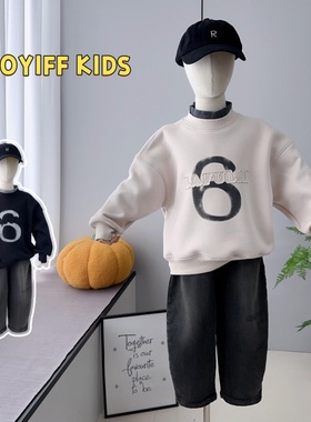 啦芙莱童装2024冬新款儿童假两件上衣男女童一体绒加厚卫衣潮7950