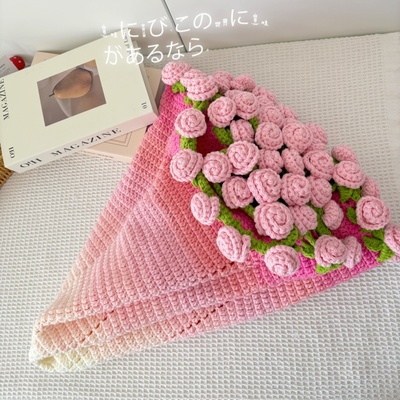 DIY玫瑰花束毛线毯子勾针编织