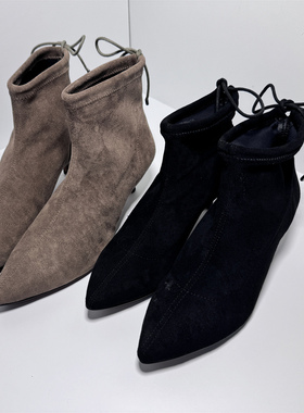 MAUD FRIZON梦飞嫦正品撤柜尖头后拉链短靴高跟显瘦裸弹力瘦瘦靴