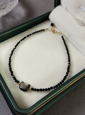 黑白色猫咪14K金手链可调节天然水晶小珍珠黑尖晶日系小众饰品