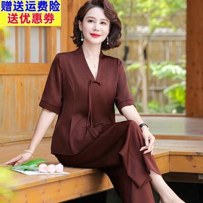 气质中年妈妈夏装衬衫女套头短袖国风真丝V领纯色上衣套装透气薄