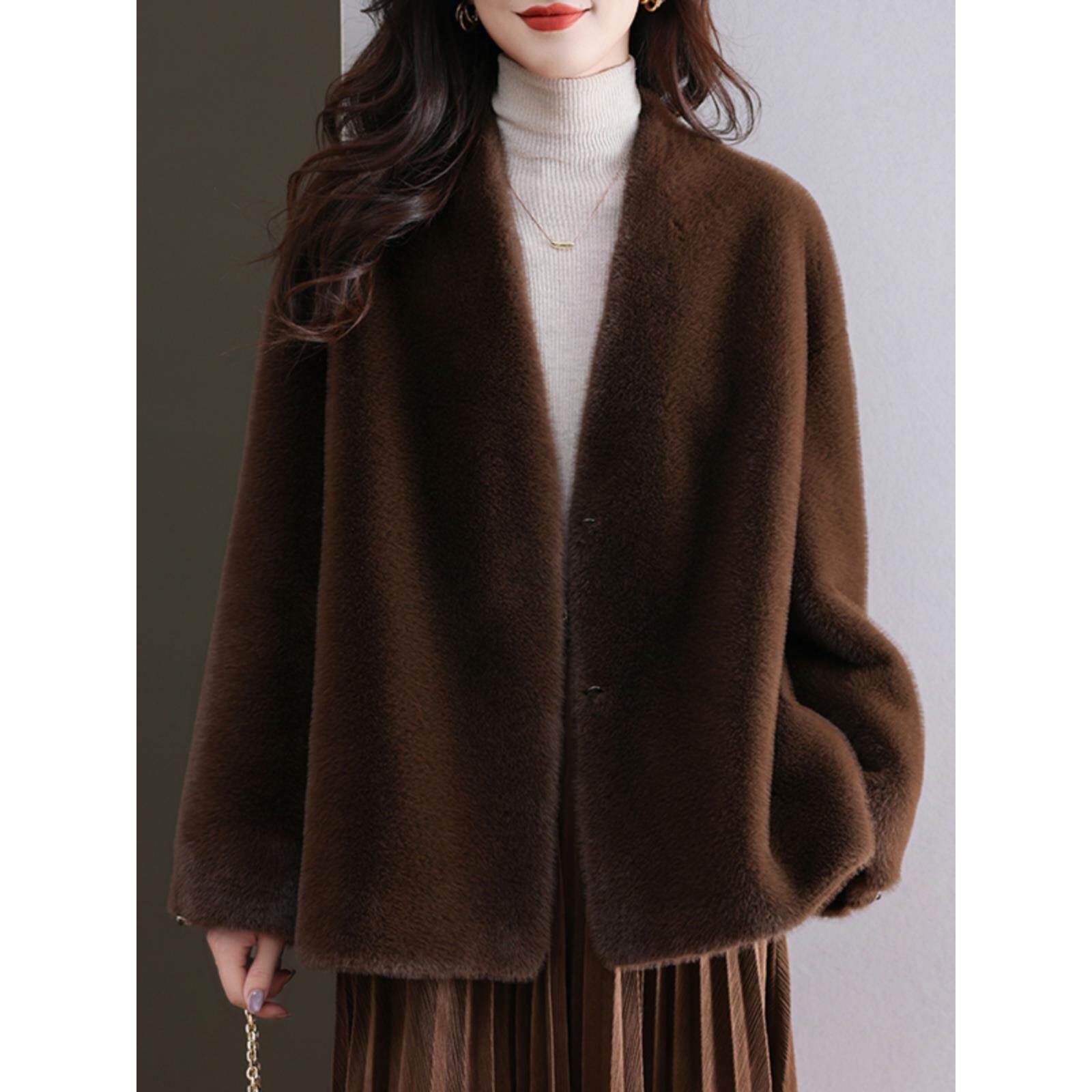 水貂绒皮草大衣外套女开衫中长款宽松大码女装加厚羊毛衫披肩口袋