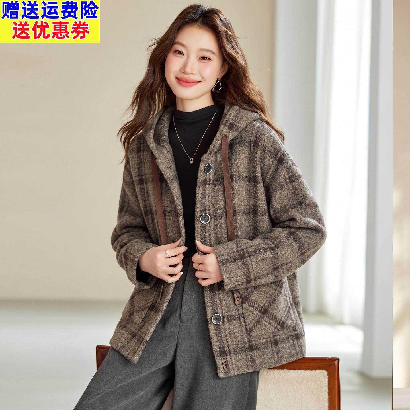 春秋外套女短款秋冬款加厚格子针织毛呢开衫大码女装毛衣外搭披肩