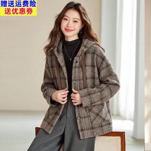 春秋外套女短款秋冬款加厚格子针织毛呢开衫大码女装毛衣外搭披肩