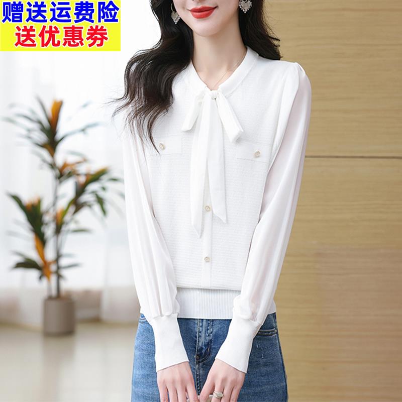 春季新款时尚雪纺上衣女长袖冰丝针织衫女短款宽松薄款蝴蝶结小衫