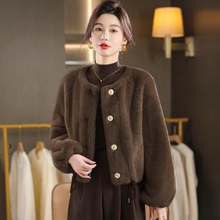 水貂绒皮草大衣外套女开衫短款圆领小披肩羊毛衫宽松中老年妈妈装