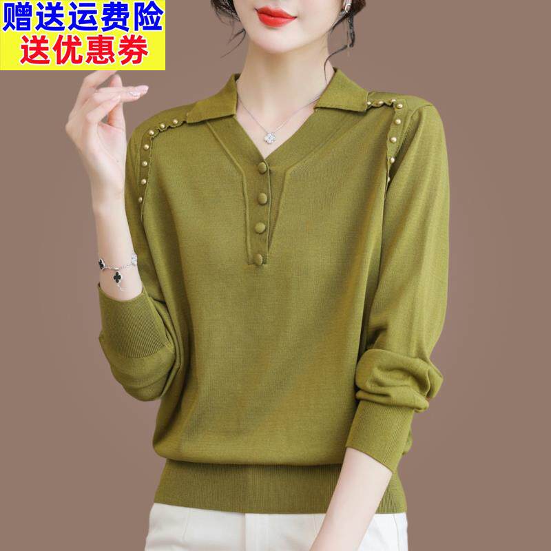 春装2025新款翻领大尺码长袖T恤女薄款上衣妈妈洋派针织打底衫外