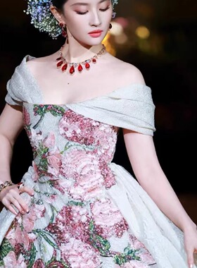 晚礼服明星同款2026白色提花公司宴会结婚订婚高端舞台一字肩蓬裙