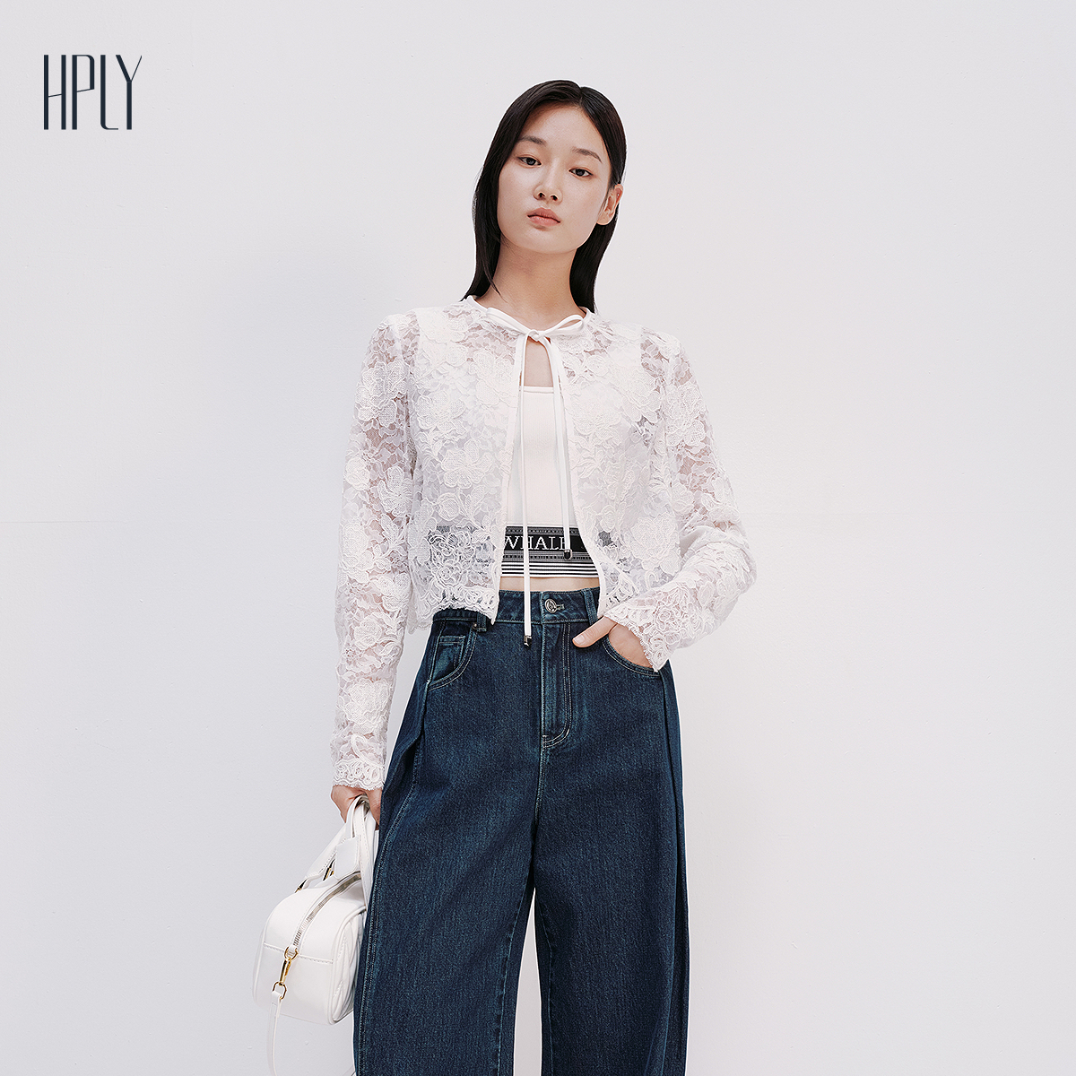 【商场同款】HPLY荷比俪2025夏新款女蕾丝纯色罩衫优雅通勤开衫