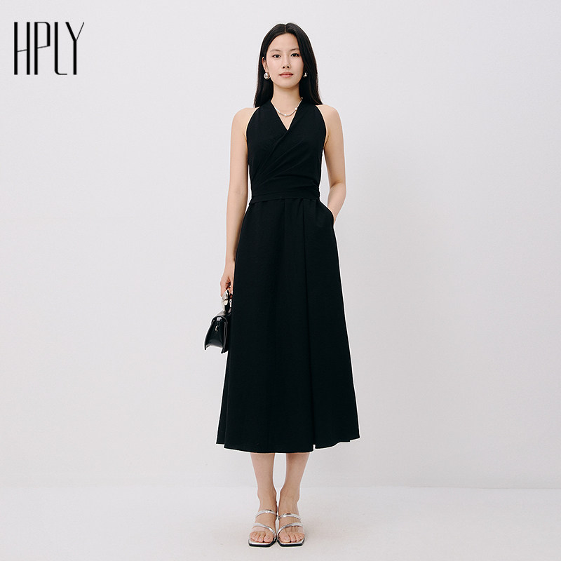 HPLY荷比俪秋新款女V领设计感收腰显瘦时尚气质优雅连衣裙										