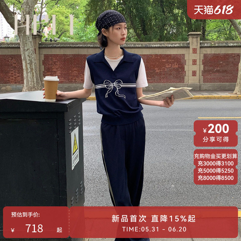 【商场同款】HPLY荷比俪2026夏新款假两件蝴蝶结刺绣短袖毛针织衫