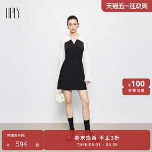 【商场同款】HPLY荷比俪春秋新款女黑白拼接柔软通勤连衣裙