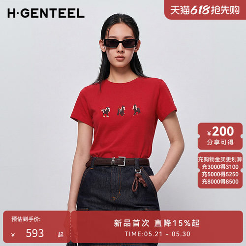 时尚红色 卡通印花 圆领T恤