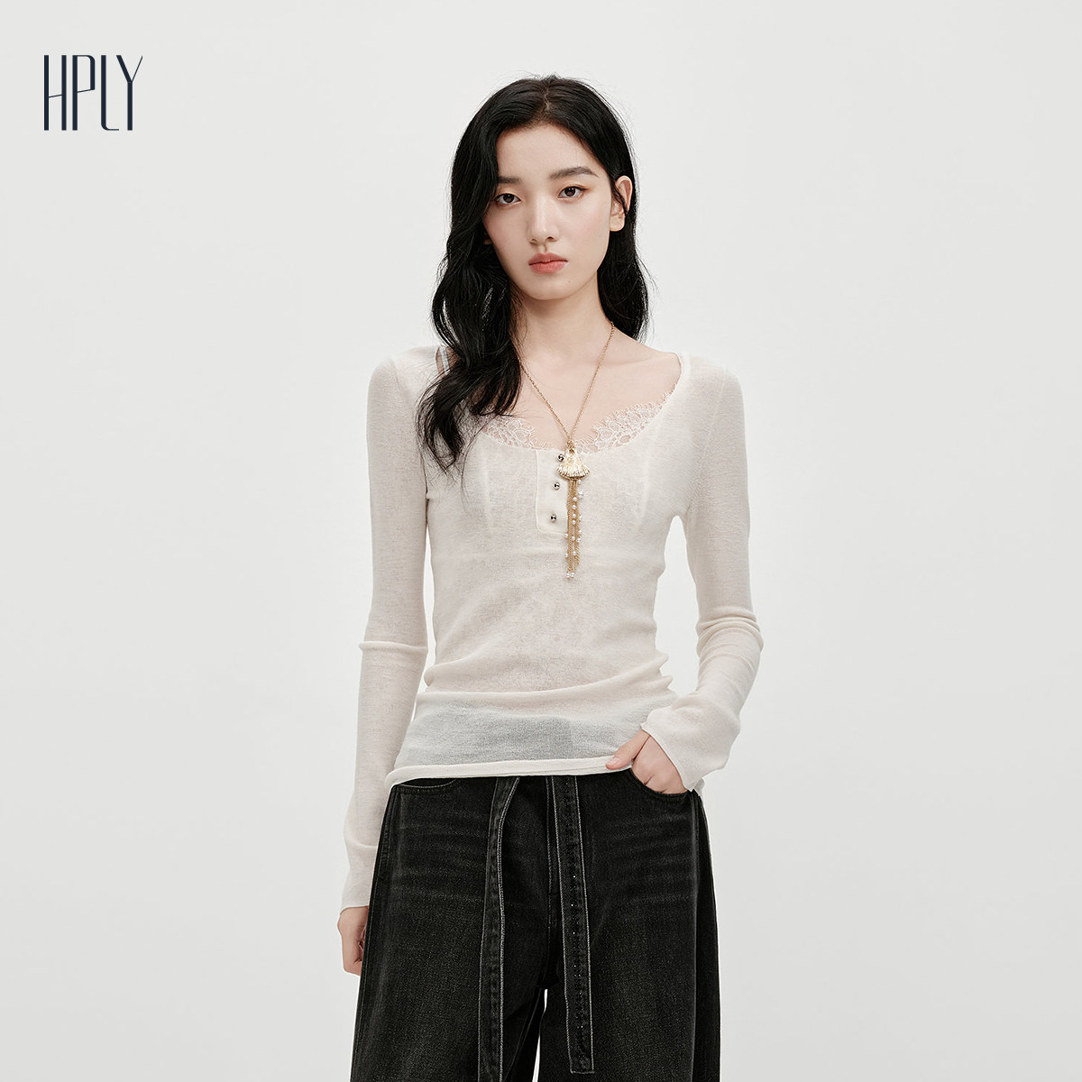 【多元蕾丝】HPLY荷比俪2026春新款绵羊毛蕾丝吊带两件套羊毛衫