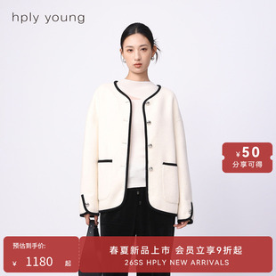 线上专享hply young24新款冬女撞色丝绒滚边双面呢短款绵羊毛外套