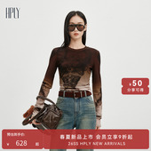 女经典 HPLY荷比俪2025冬新款 圆领抽褶印花网纱蕾丝衫 博主同款