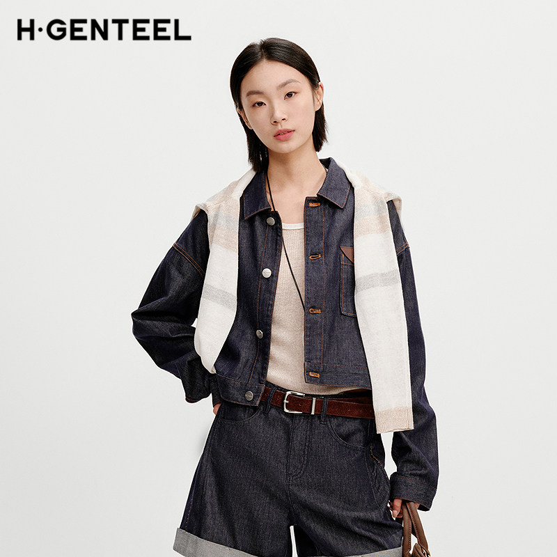 H&middot;GENTEEL荷高2026秋新款100% 棉原牛翻领复古长袖牛仔夹克外套