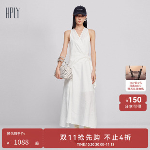 【商场同款】HPLY荷比俪2026夏新款亚麻V领系带A型无袖背心连衣裙