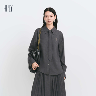 女通勤亮丝斜纹刺绣领带衬衫 商场同款 HPLY荷比俪冬季 新款