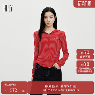商场同款】HPLY荷比俪2026春新款绵羊毛时尚减龄连帽条纹羊毛衫