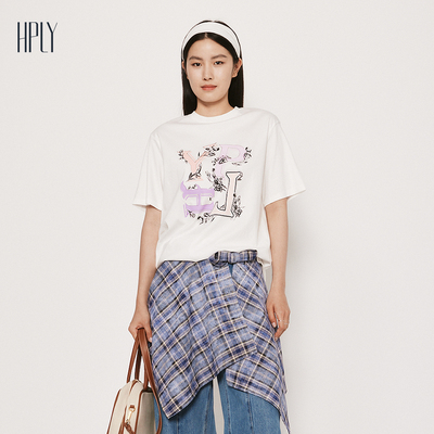【商场同款】HPLY荷比俪25夏新款女圆领休闲图案通勤字母T恤