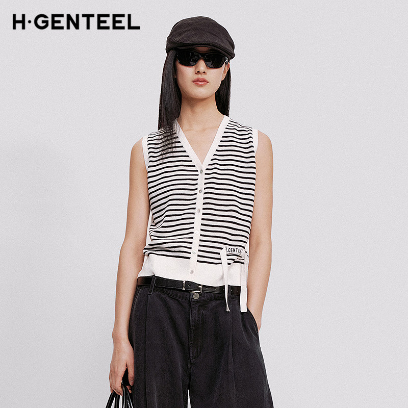 H&middot;GENTEEL荷高2026夏新款棉经典黑白条纹V领修身无袖马甲针织衫