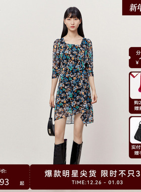 HPLY荷比俪夏季新款女碎花方领中长款法式连衣裙HRD23750010