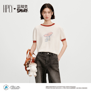 【李一桐同款】HPLY荷比俪2026夏新款撞色植绒亮片刺绣短袖针织衫