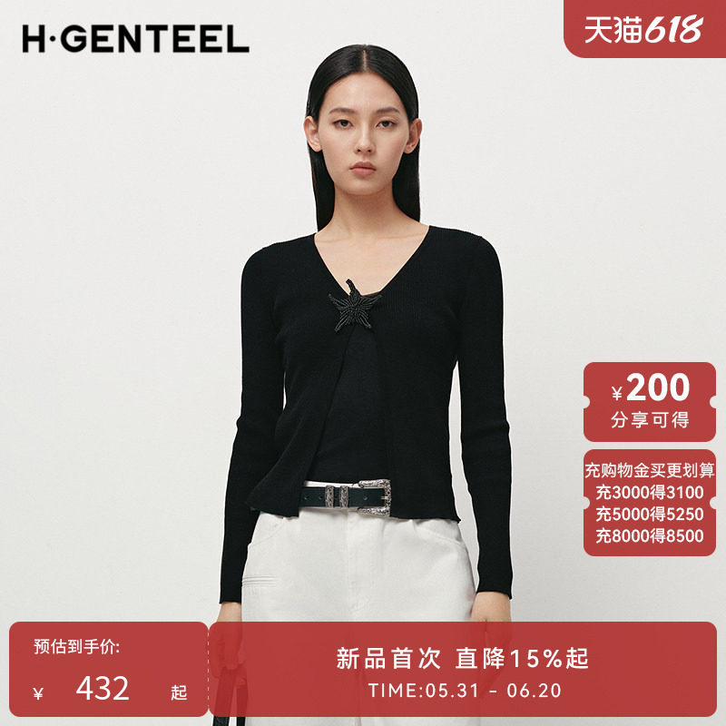 H·GENTEEL荷高25新款夏装女含棉海星别针通勤时尚休闲气质针织衫