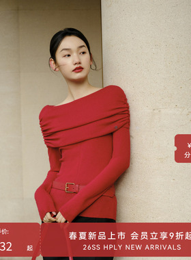 【商场同款】HPLY荷比俪春秋新款女抽褶打底柔软毛衣针织衫